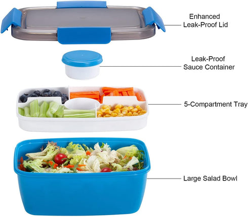 Caperci Salad Lunch Container with 68 oz Salad Bowl - Large Adult Bento Lunch Box, 5-Compartment Bento-Style Tray for Toppings, 2pcs 3-oz Sauce Cu...