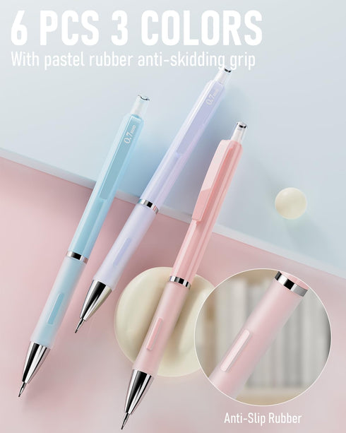 6PCS 0.7mm Mechanical Pencils Set Pastel Mechanical Pencils with 360PCS HB Lead Refills, 3 Erasers, 9 Erasers Refill Aesthetic School Supplies for...