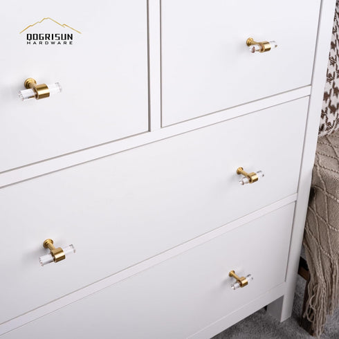 QOGRISUN 2-Pack Acrylic Cabinet Knobs with Brass Base,Gold Modern Drawer Euro Style T Bar Handles, Kitchen Dresser Drawer Clear Glass Crystal Pull...