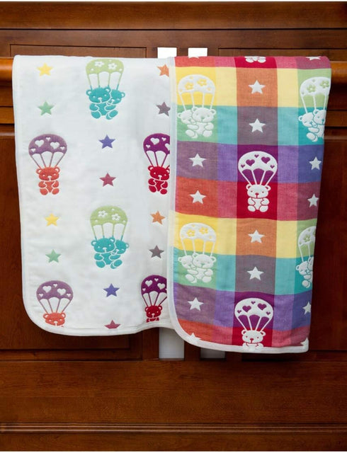 2 Layer Blanket, Muslin Cotton Jacquard Bed Blanket, Lightweight Super Soft and Warm, Crib Blanket for All Seasons, 80 x 100 cm, Parachuting Bear...