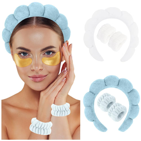 AHONEY 2 Set Spa Headbands for Washing Face and Wristband Set, Skin Care Headband Sponge Facial Skincare Headbands Terry Cloth Puffy Makeup Access...