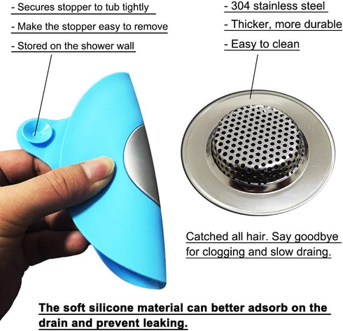 2PCS Bathtub Stopper Hair Catcher Kit, Bathtub Drain Strainer, Tub Stopper Plug Cover, Sink Filter, Silicone Drain Stopper for Bathroom, Laundry (...