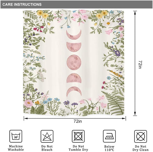 Riyidecor Witchy Moon Phase Shower Curtain for Bathroom Decor 72Wx72H Floral Pink Rustic Wildflower Plant Leaves Botanical Herbs Nature Art Printe...