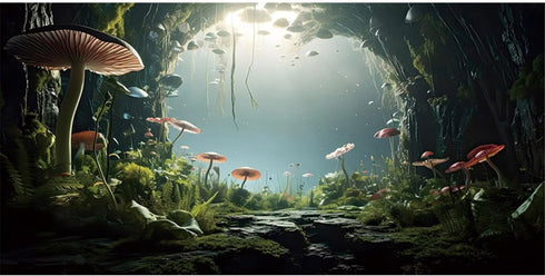 AWERT 36x18 inches Aquarium Background Foggy Stone Mushroom Moss Terrarium Background Polyester Green Plants Cave Fish Tank Background...