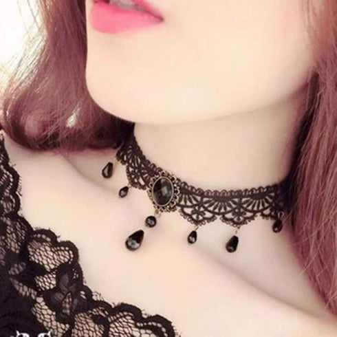 GRAEEN Black Lace Necklaces Gothic Lace Choker Crystal Pendant Halloween Cosplay Party Diamond Necklace Jewelry for Women...