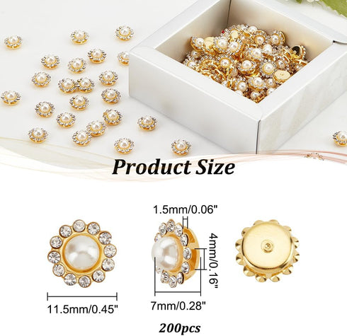 NBEADS 200 Pcs Crystal Pearl Buttons, Flower Claw Cup Rhinestones Gold Flatback Base Shiny Crystals Antique White Flower Faux Pearl Rhinestone Cra...