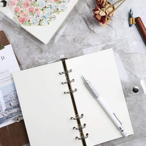 2 Pack A5 Transparent Soft PVC, 6-Ring Binder Cover Snap Button Closure Loose Leaf Folder Notebook Round Ring Clear Binder Cover Protector Snap (P...