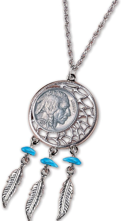 American Coin Treasures Buffalo Nickel Dream Catcher Coin Pendant Necklace - United States Silvertone Pendant With Feathers| Web Medallion Pendant...