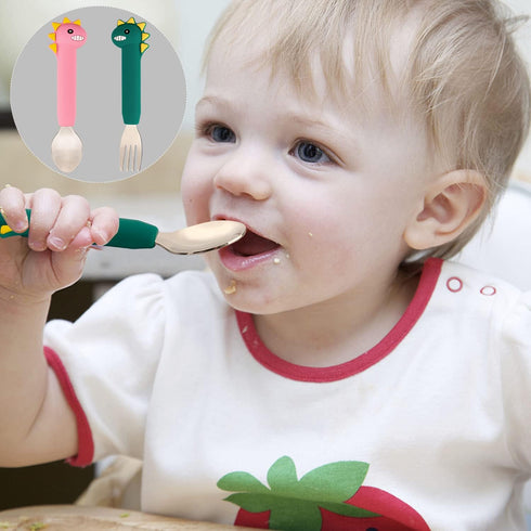 Toddler Utensils,Baby Spoons Fork Sets,Kids Silverware with Silicone Handle,Dinosaur Toddler Spoons Forks-Pink...