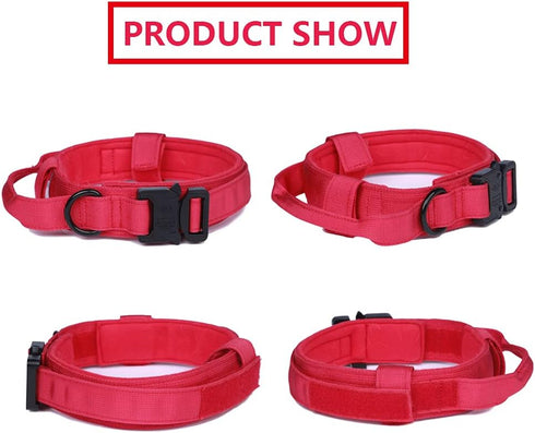 Tactical Dog Collar Military Dog Collar Adjustable Nylon Dog Collar Heavy Duty Metal Buckle with Handle for Dog Training (Red,S)...