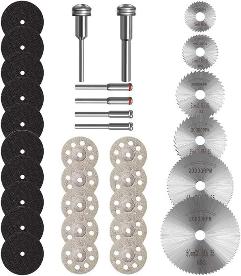 Cutting Wheels Set Rotary Tool Accessories, 10pcs Resin Cutting Off Wheels, 10psc Diamond Cutting Disc with Mandrels, 6pcs HSS Circular Saw Blades...