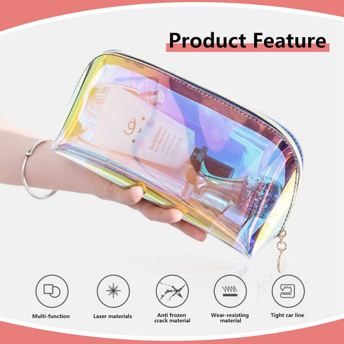 Holographic Makeup Bag Iridescent Cosmetic Pouch Clear Waterproof Portable Travel Cosmetic Pouch TPU Zippered Toiletry Organizer bag for Women 3PC...