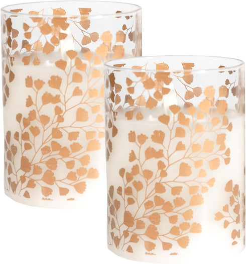 LumaBase Battery Operated LED Glass Candles with Flickering Flame, Gold Fern - Set of 2...