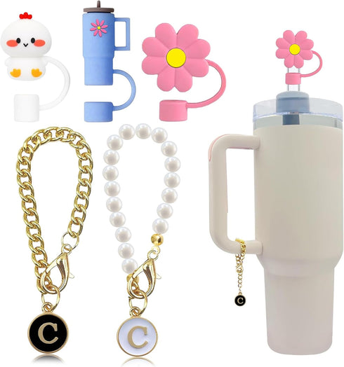 Letter Charm Accessories, Straw Cover Cap, Stanley Cup Accessories, Straw Tips Lids 10mm for Stanley Tumbler (3PCS Cover + 2PCS Letter C Charms)...