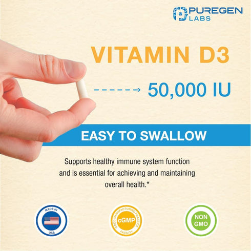 Puregen Labs Vitamin D3 50,000 IU (1250 mcg) 100 Weeks Supply for Healthy Muscle Function, and Immune Support, Non-GMO, Gluten Free 100 Vegetable ...