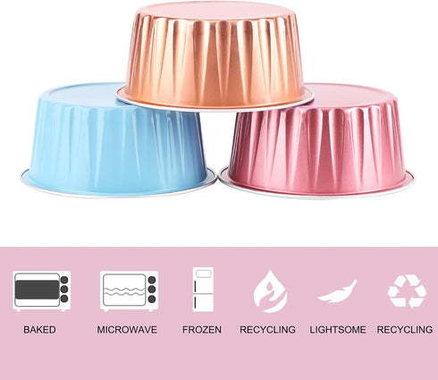 EUSOAR Baking Cups Aluminum Foil, 5oz Pack of 30 Blue Red Rose Gold Cupcake Cups with Lids, 125ml Pie Ramekins, Desserts Flans, Custard Cake Puddi...