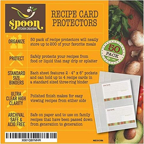 Recipe Card Protectors, Refill Sheets for 3 Ring Binders, Recipe Book Pocket Page Sheet Protectors, Holds 4 x 6-inch pockets, 4 Cards Per Sheet, C...