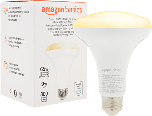 Amazon Basics Smart BR30 LED Light Bulb, 2.4 GHz Wi-Fi, 9W (Equivalent 60W), E26 Standard Base, Works and Dims with Alexa Only, Soft White 2700K, ...