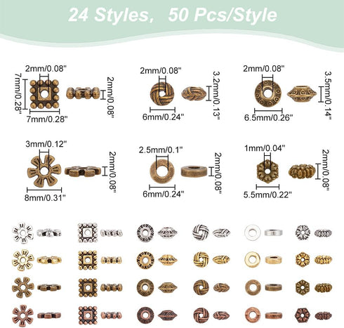 PH PandaHall 1200pcs 6 Styles Spacer Beads, 4 Colors Tibetan Flower Bicone Rondelle Beads Antique Alloy Spacers Beads Square Loose Beads for Brace...