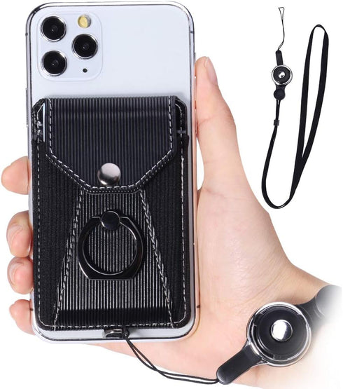 Cell Phone Card Holder,Card Holder for Back of Cell Phone with Ring Grip Stand,Adhesive Stick-on Credit Card Wallet Pocket with Detachable Neck St...