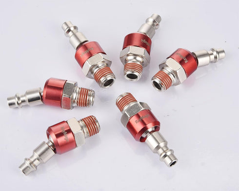Industrial-Grade 1/4" Swivel Air Plug, 6-Pack 360° Swivel Steel Red Electrophoresis Plug, 1/4-Inch NPT Male Pre-Coated 18-Threads, Air Hose Fittin...