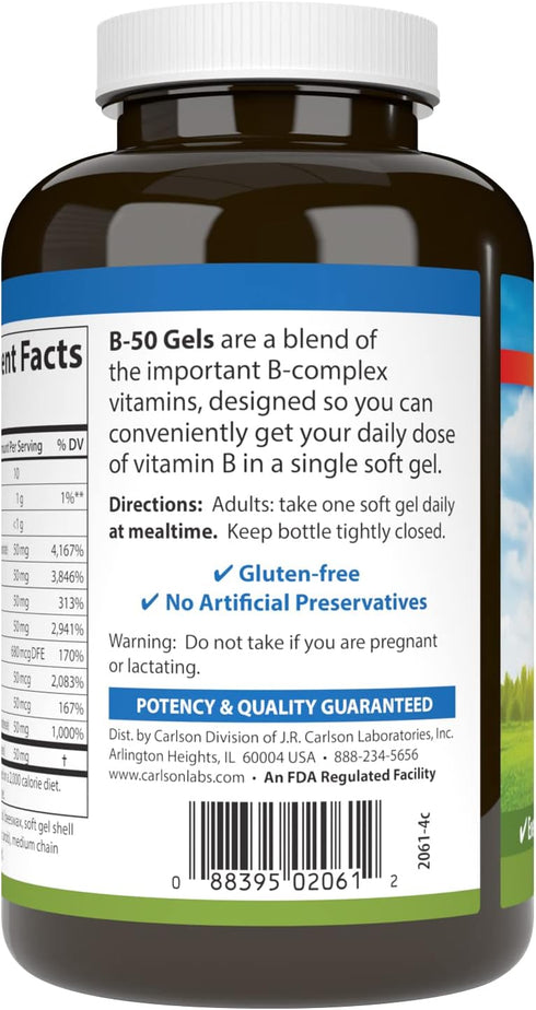 Carlson - B-50 Gels, Vitamin B Complex, Energy Production, Cellular Support & Optimal Wellness, 100 Softgels...