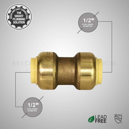 Everflow Supplies Pushlock UPSC12 1/2 Inch Long Push X Push Coupling for Push-Fit Fittings, Made with No Lead DZR Forged Brass, Connects PEX, CPVC...