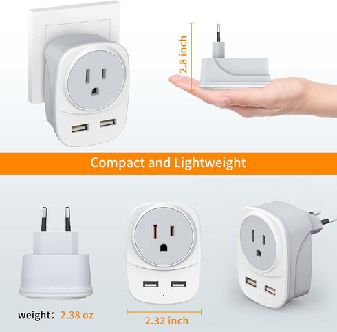 2 Pack Europe Travel Plug Adapter with 2 USB Ports and 1 AC Type Output Adapter, USA to Most of Europe, EU, Iceland, Spain International Power Plu...