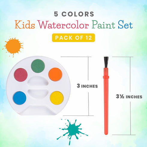 Mini Watercolor Kids Paint Set - (Bulk Pack of 12) - 5 Watercolor Paints, Palette Tray and Painting Brush, for Art Party Favors, Kids Prizes and P...