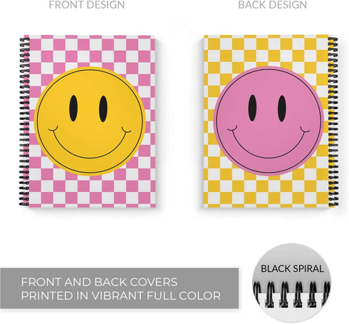 Retro Happy Face Spiral Notebook / 8.5" x 11" Journal / 120 Wide Ruled Pages/Durable Gloss Laminated Softcover/Black Wire-o Spiral Binding/Made in...