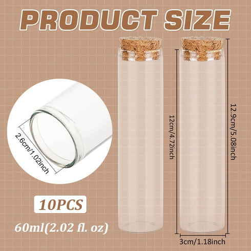BENECREAT 10 Pack 60ml Glass Test Tube with Cork Stopper Clear Flat Mini Glass Bottles Jars for Wedding Party Favors, Candy, Spices, Beads, Mother...