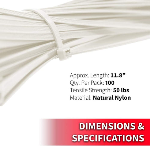 Pro Tie Standard Duty, Self-Locking Nylon Cable Wire Ties for Indoor and Outdoor Use | 11.8-Inch, 50 lbs. Tensile Strength, Natural Nylon, 100-Pac...