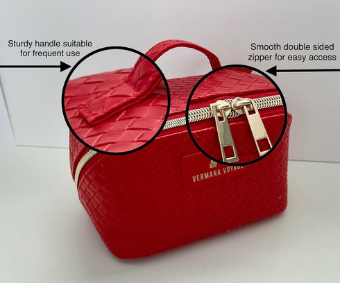 Travel Makeup Bag Water-resistant Large Capacity Red Cosmetic Bag With Elegant Woven Pattern Double-Sided Zipper And Smart Interior Organization F...