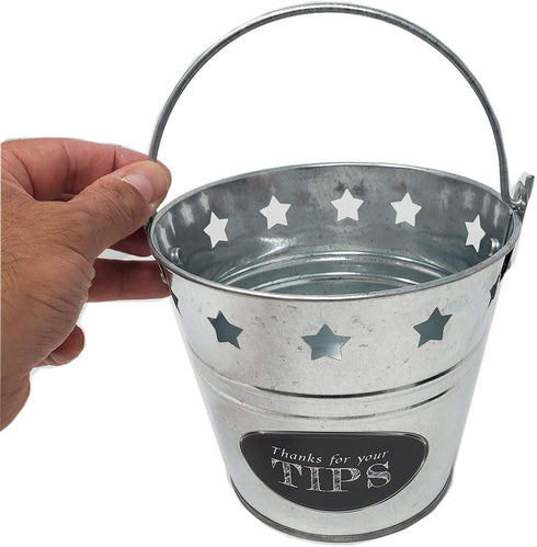 Tip Bucket Metal w/Stars Design for Bar, Club, Musicians, Bands, Street Performers | Bartenders Money Tip Jar 6 “ Diameter x 5.5” Hight...