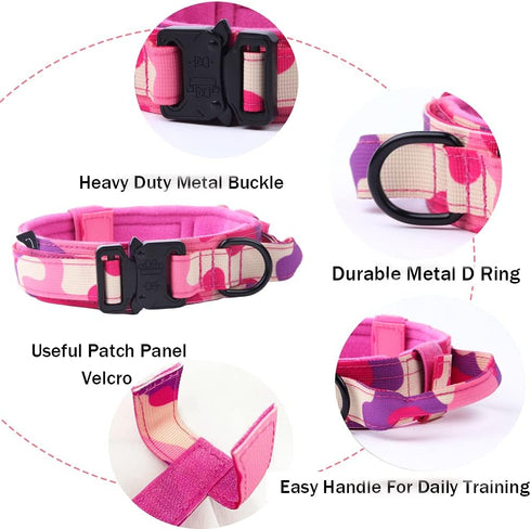 Tactical Dog Collar Military Dog Collar Adjustable Nylon Dog Collar Heavy Duty Metal Buckle with Handle for Dog Training (Pink Camo,M)...