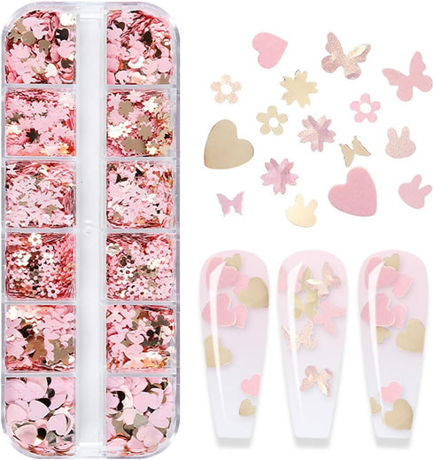 12 Grids Gold Pink Nail Glitter Sequins 3D Cherry Blossoms Butterfly Nail Glitter Flakes Rabbit Love Heart Nail Sequins Supplies Sparky Cute Nail ...
