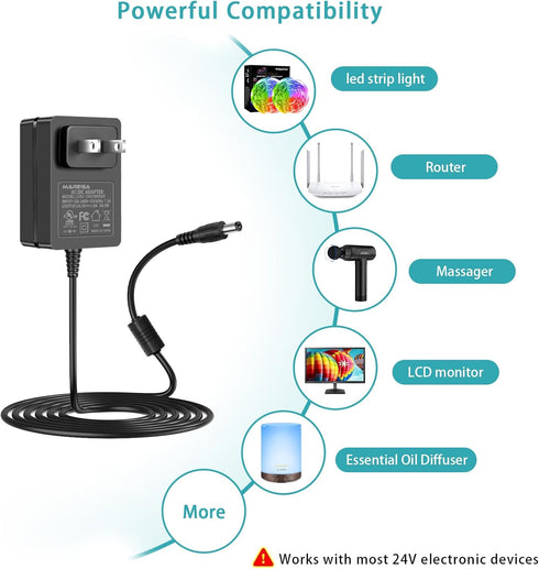 24V Power Supply, 24V 1A AC Adapter DC Power Cord for LED Strip Light CCTV Camera Bluetooth Speaker Nail Lamp Air Cleaner Massage Gun Mini Printer...