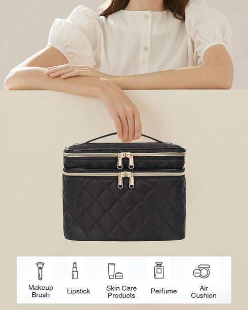Travel Makeup Bag Organizer, Large Make Up Bag for Women, Double Layer Cosmetic Bag with Removable Dividers, Portable Makeup Case Storage, Black...