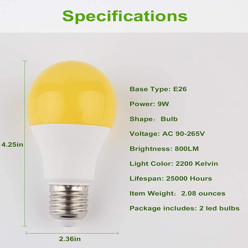 GREENIC 60 Watt Yellow Light Bulbs 2-Pack 120V E26 Base Led bulb A19 800Lm 2200k Porch Light for Outdoor Indoor Bedroom Yard...