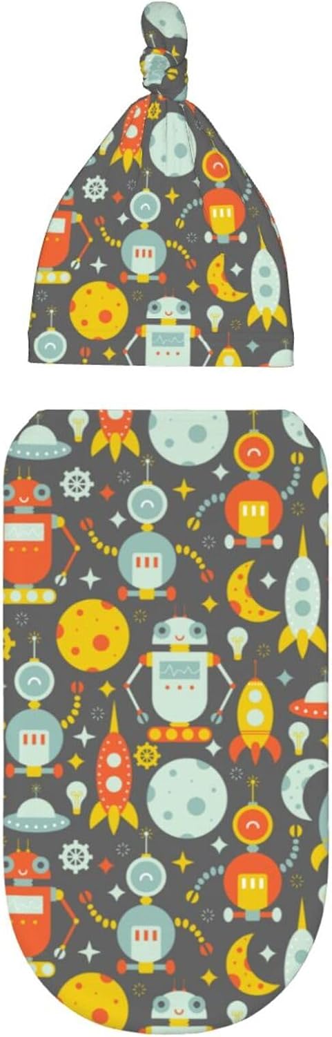 Robot and Moon Newborn Swaddle Blankets Hat Sets Soft Baby Receiving Blanket Swaddle Sack for Baby Shower Infant Boy Girl Gift...