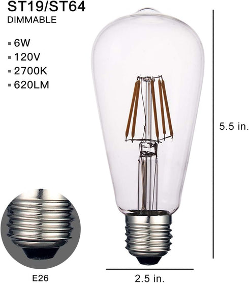 Vintage LED Edison Bulbs, Dimmable 6W Antique LED Filament Light Bulb, 2700K Soft Daylight White, 620 Lumens, ST64/ST19 Clear Glass, E26 Medium Ba...