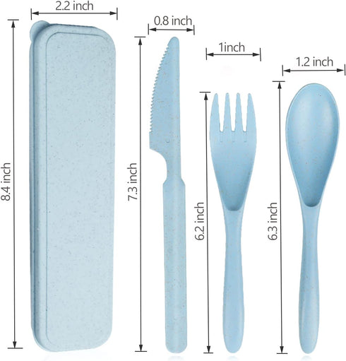 Reusable Travel Utensils Set with Case, Blue Wheat Straw Portable Knife Fork Spoons Tableware, Eco-Friendly BPA Free Cutlery for Kids and Adults a...