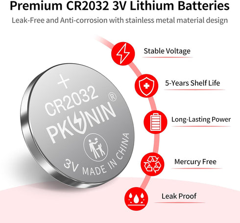 PKUNIN CR2032 Lithium 3V Coin Battery, CR2032 3V Battery for Key Fob, CR2032 Lithium Battery, 2032 Battery 5 Pack...