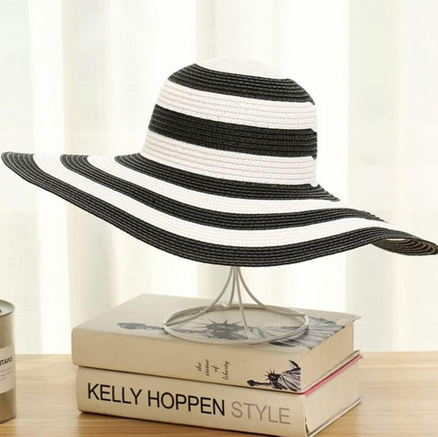 Womens Sun Straw Hat Wide Brim Sun Hat Sun Protection Straw Hat UV Foldable Roll Up Floppy Beach Cap Black and White...