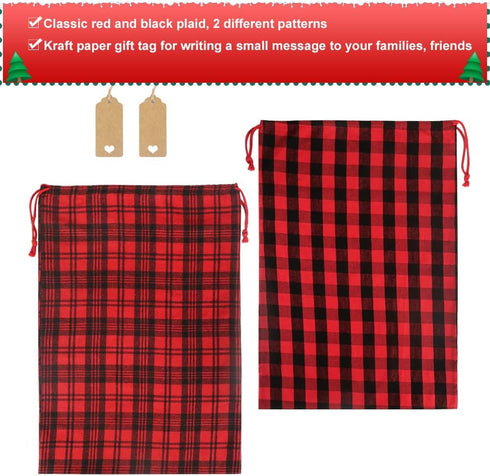 HRX Package 2pcs Cotton Santa Bag, 28x20 inch Plaid Fabric Drawstring Christmas Bags, Reusable Cloth Wrapping Bag with Gift Tag for Xmas Presents...