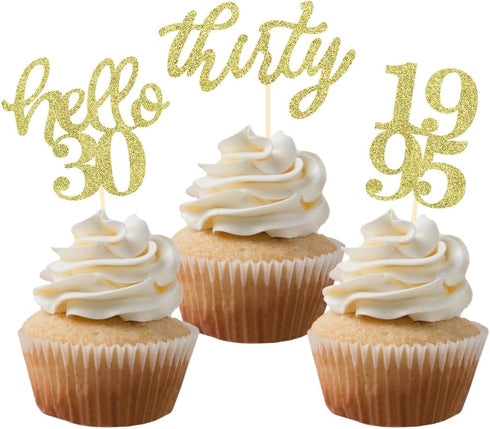 24 Pcs Gold Glitter 30th Birthday Cupcake Toppers for 30th Anniversary Birthday Party Wedding Party Decorations...