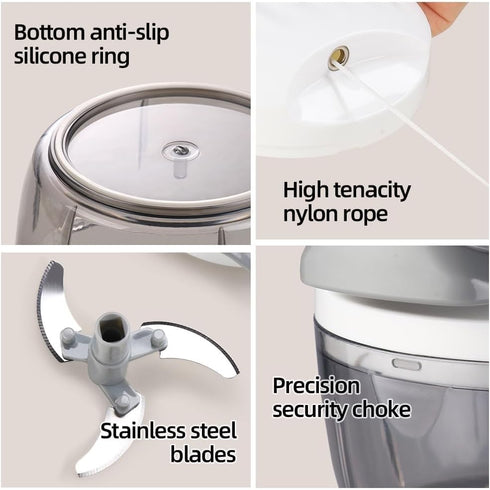 Manual Food Processor Vegetable Chopper 2.3 Cup Small Mini Hand Pull String Onion Chopper Garlic Mincer Cutter with 3 Stainless Steel Blades - Whi...