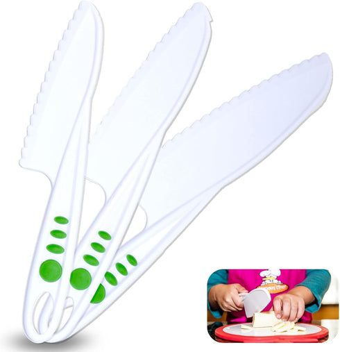 Curious Chef 3-Piece Nylon Knives for Kids - White & Green - Child Safe & Serrated Blunt Tip Chef Knives - Safe for Nonstick Pans...
