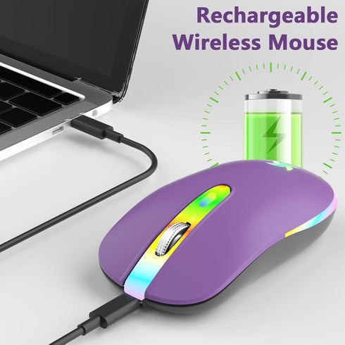 HZD LED Wireless Mouse, Slim Silent Rechargeable Mouse, 2.4G Portable USB Optical Mouse with Type C Adapter, 3 Adjustable DPI Levels 1600/1200/800...