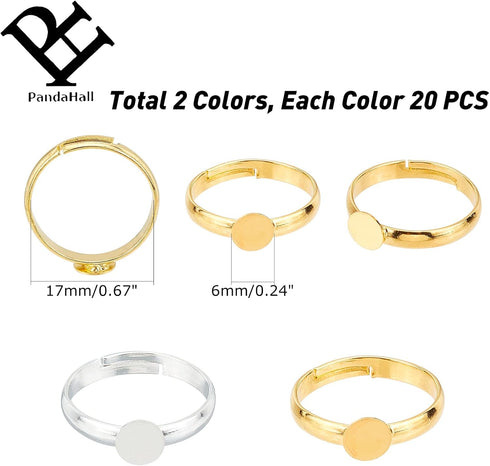 PH PandaHall 40pcs Ring Blanks, 17mm Adjustable Ring Base Blank Tray with 6mm Flat Base, Gold Silver Blank Finger Rings Cabochon Bezel for Rings M...